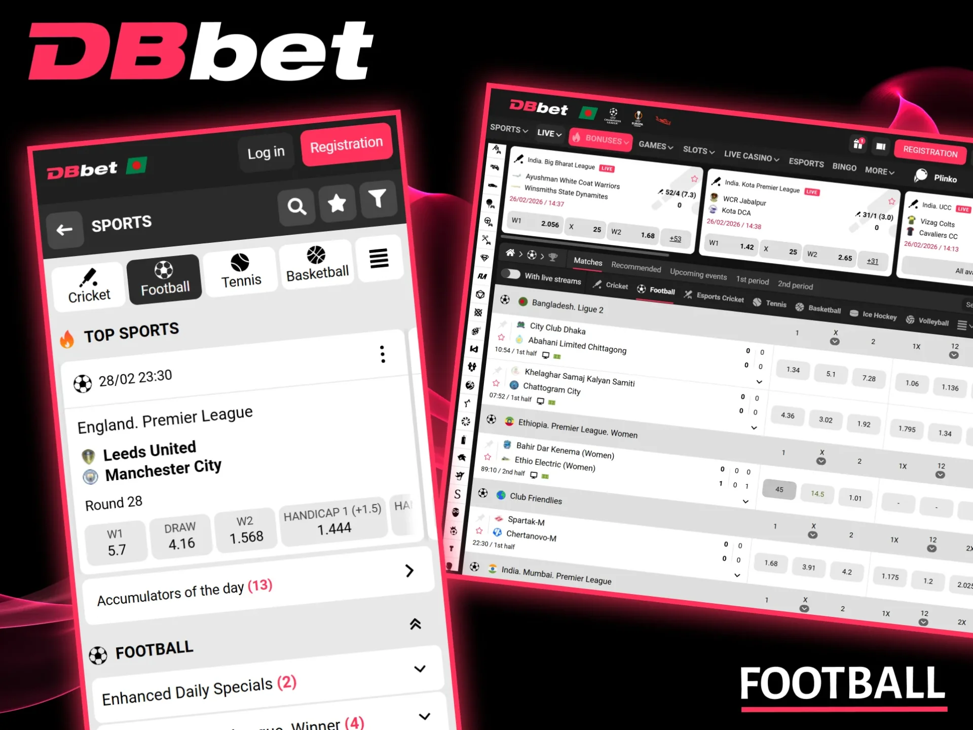 Take advantage of great odds on local and international football matches with DBbet.
