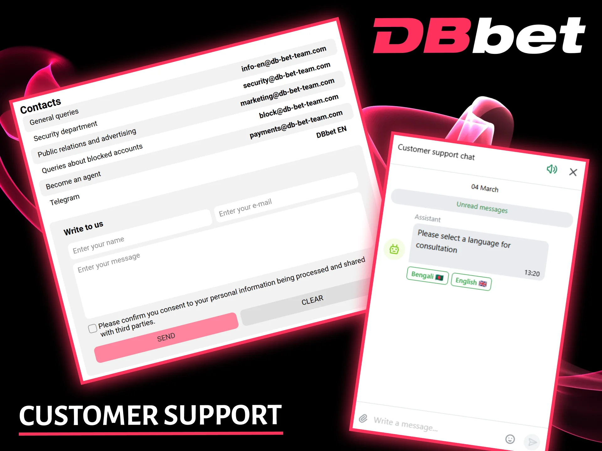 To receive assistance with withdrawals from DBbet support, please use official communication channels.